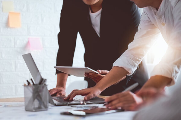 Teamwork Brainstorming Meeting and new startup project in workplace, Quality successful work concept, vintage effect.